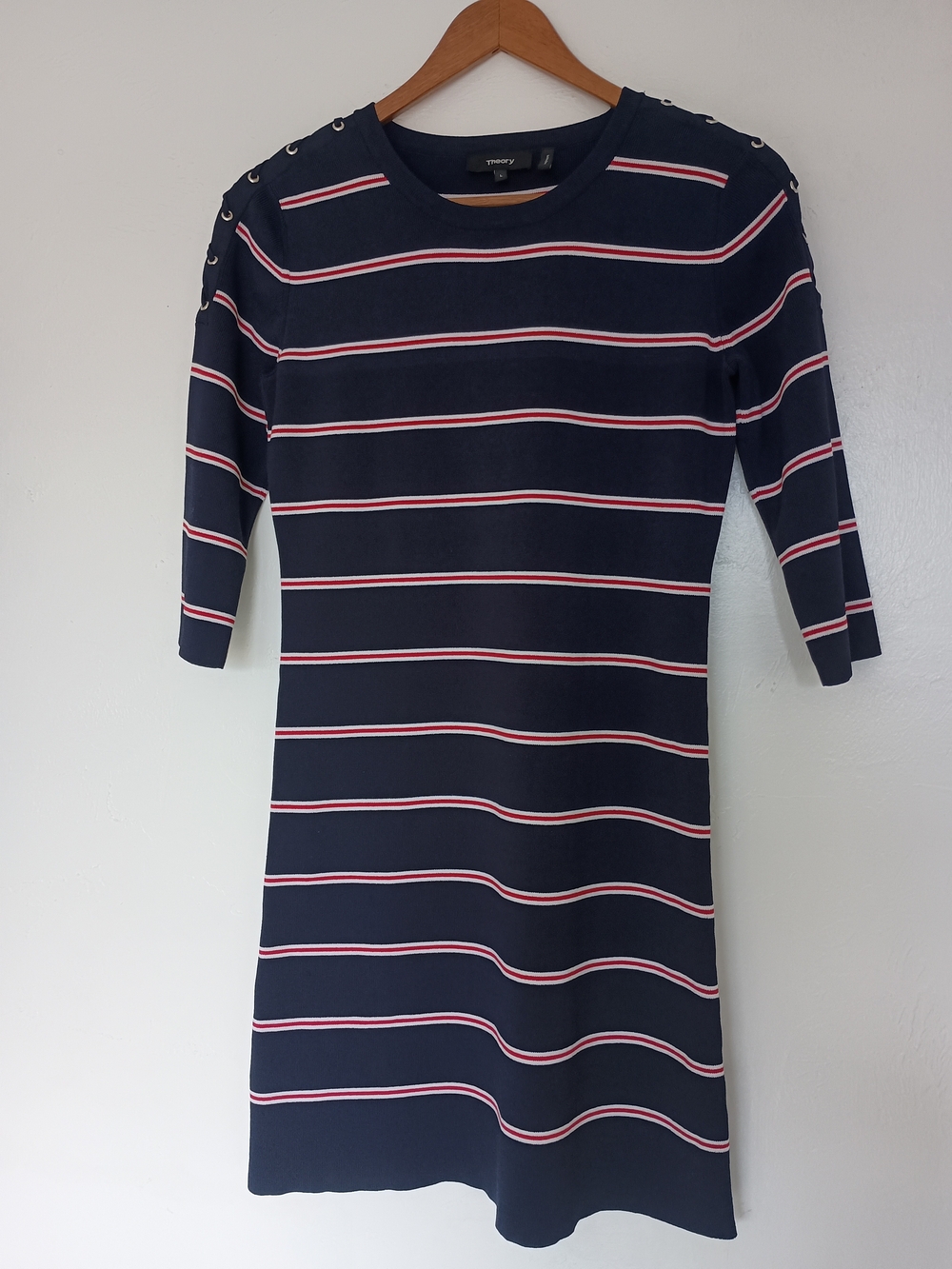 Theory Striped Navy Midi Dress with Red & White Accents
